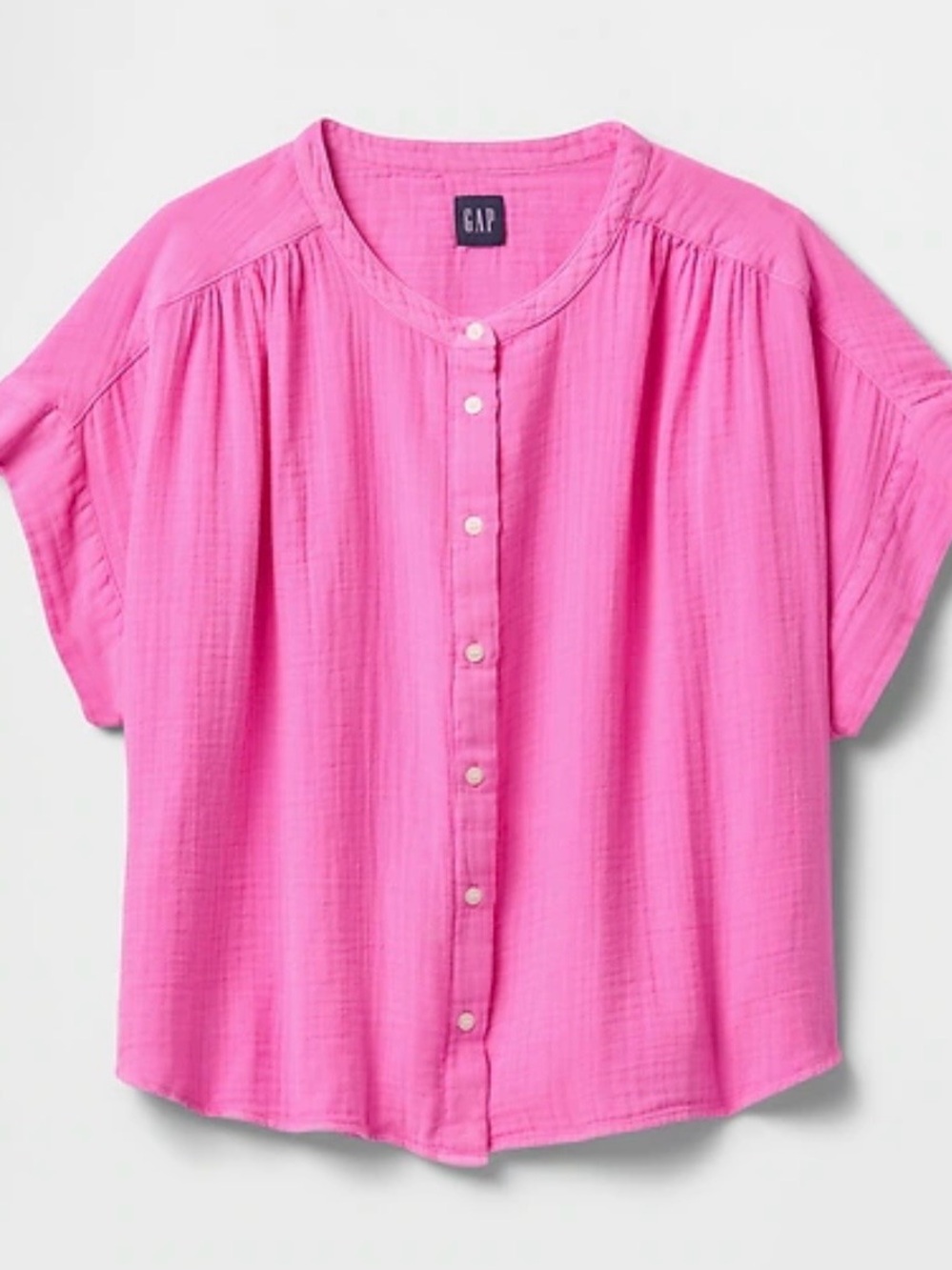 GAP Cotton Gauze Dolman Shirt Bright Pink Button-Front Short Sleeve M New
